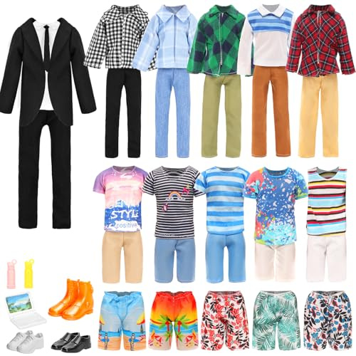 Miunana 14 Puppenkleidung Kleidung Anzug Outfits für 30cm Jungen Puppen | Inklusive Anzug Freizeitbekleidung Hosen Badehose Schuhe Laptop Zubehör, vielseitige Outfits für 12 Zoll Jungenpuppen