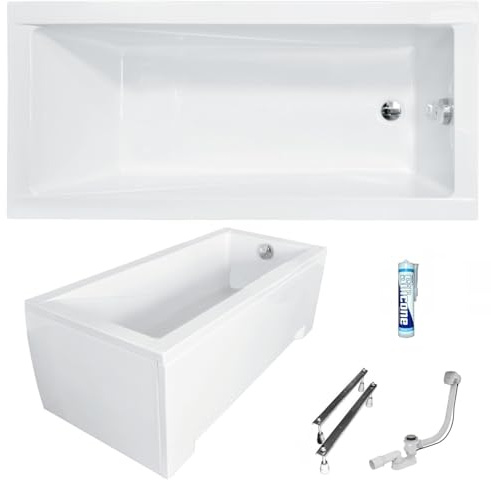 ECOLAM Badewanne Modern 130x70 cm Schürze | Acrylwanne Rechteck | kleine Wanne Design | Komplett-Set Ablaufgarnitur Ab- und Überlauf Automatik Füße + Silikon Acryl weiß