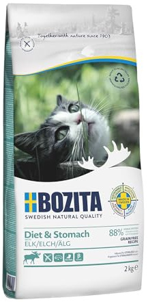 Bozita Diet & Stomach Katzentrockenfutter mit Elch – 2 kg – getreidefreies Trockenfutter für sensible erwachsene Katzen – 34 % Protein, 10 % Fett – ohne Zucker & Gentechnik – leicht verdaulich
