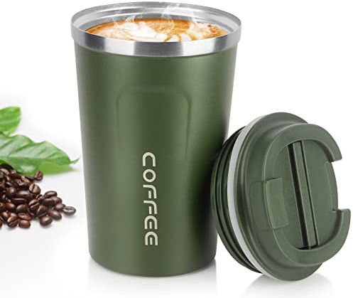 MOMSIV Coffee Cup, 380ml Vacuum Reusable Leakproof Double Wall Coffee Cup, Insulation Stainless Steel Eco-Friendly Travel Office Mug for Hot Coffee Tea and Cold Drinks (Green)