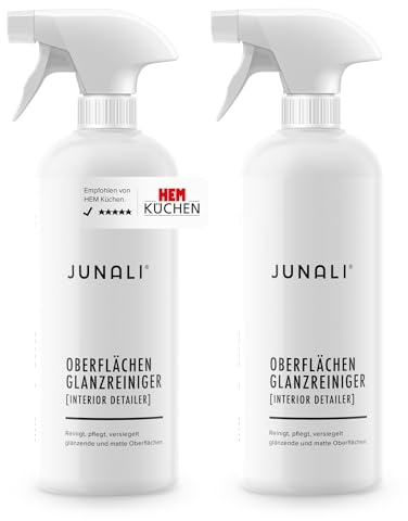 JUNALI Oberflächen Glanzreiniger, Pflege für Hochglanz Küchen, antistatisch mit Perl-Effekt, Sprühversiegelung für Naturstein, Chrom, Glas, Kunststoff, lackierte Holzmöbel (2x 500 ml)