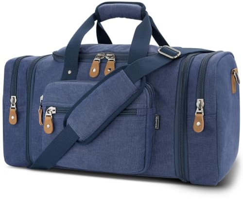Gonex Canvas Reisetasche 60L Erweiterbar, Weekender Handgepäck | Viele Fächer, Abnehmbarer Schultergurt, Doppelter Reißverschluss, Metallverschluss, Kurztrips, Herren & Damen, Blau