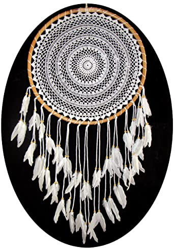 Großer Traumfänger Dreamcatcher gehäkelt weiss Ø ca 40 cm mit Bambusrahmen Wanddeko Raumschmuck Raumdeko Dekoaccessoire Mobilee-Aufhänger