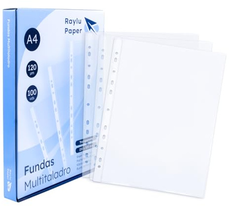 Fundas multitaladro de polipropileno 100% reciclable, fundas para documentos de gran apertura, lomo reforzado. (A4-120 micras - Transparente, 100 ud.)