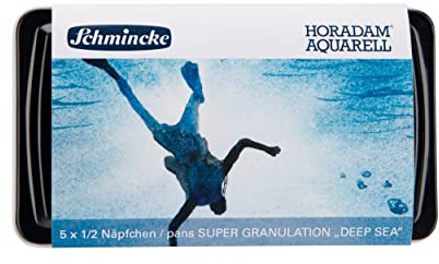 Schmincke – HORADAM® AQUARELL, Super Granulation Set Tiefsee, 5 x 1/2 Näpfchen + Pinsel, 74 601 097, Metallkasten, sehr stark granulierende Farbtöne, feinste, supergranulierende Aquarellfarben