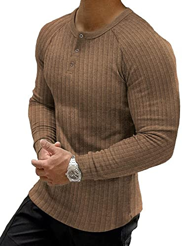 Muscle Cmdr Muscle Henley-skjorta, herr, långärmad, smal passform, långärmad tröja, fritid t-shirt av bomull med korta och långa ärmar, smal passform, ribbad skjorta, brun-lång, M