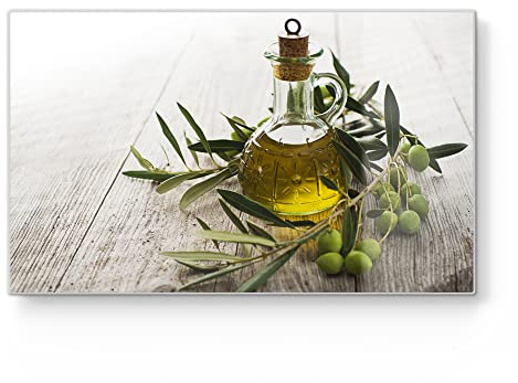 DEQORI Frühstücksbrett Glas | klein 23x14 cm | Motiv Olivenöl mit Olivenzweig | Design Schneidebrett für Küche | Frühstücksbrettchen antibakteriell & rutschfest | Glasplatte & Servierplatte