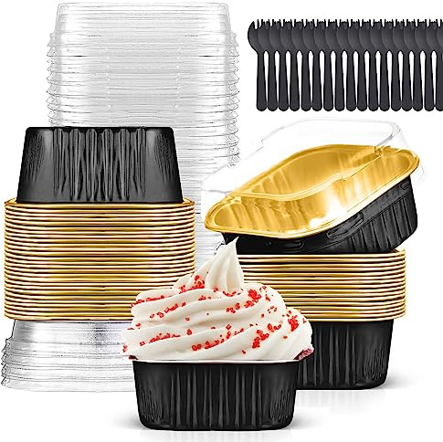Findful 10oz Mini Cake Pans with Lids (40 Pack) Aluminum Foil Square Cupcake Liners Brownie Baking Cups,Disposable 4”x4” Large Cupcake Pan,Jumbo Muffin Tin Ramekins Holders