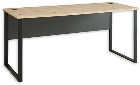 Stella Trading Schreibtisch in Artisan Eiche Optik, Graphit - Moderner Bürotisch Computertisch mit Metallgestell & Kabeldurchführungen - 170 x 77 x 73 cm (B/H/T) | Computertisch in Kufenform mit Metallgestell, Kabeldurchführungen und kratzfester Melaminharzbeschichtung