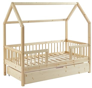BAÏTA - Lit enfent cabane Tiny pin Massif 70x140 sommier + tiroir Inclus