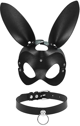 Oidea Leder Maskerade Masken: Schwarz Choker Halskette Maskerade Maske Set für Frauen Hasenohren Halbgesichtsmaske Erwachsene Cosplay Ostern Kostüm Party Requisiten Zubehör