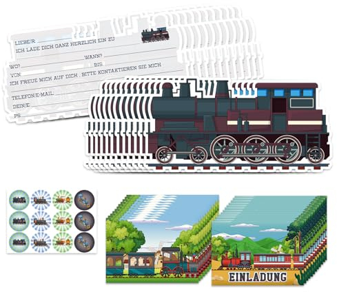 POMNUG 12 tarjetas de invitación de tren para cumpleaños infantiles, diseño retro de tren, 12 sobres y 12 pegatinas para niños y niñas, invitaciones de cumpleaños, invitaciones de fiesta