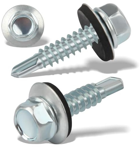 Lot de 120 vis à tôle trapézoïdale, auto-taraudeuses, 5,5 x 25 mm, à tête hexagonale, avec rondelle d'étanchéité, galvanisées, vis à tôle auto-taraudeuses, pour toit en métal, argentées