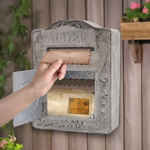 Briefkasten Wandhalterung Metall Wandpostfach Eisen Rustikale Der Posteingang Mit Deckel Griff Haken FüR Wohnung BüRo Haushalt Alter Montiert Home Decoration Vintage Retro Stil GroßE Grau