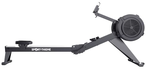 Sport-Thieme Rudergerät R600 | Luftwiderstand für intensives Training | Semi-Professionell | Schwarz Silber | Bis 200 kg, Bluetooth, LCD, Sitzhöhe 38 cm, Smartphonehalter