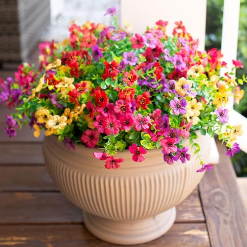 SOMYTING Artificial Flowers Outdoor Decoration, 12 Bundles Artificial Plants outdoor fake flowers Colorful Daisy Eucalyptus Realistic UV Resistant for Outside Home Planter Window Yard Decor (Mix)