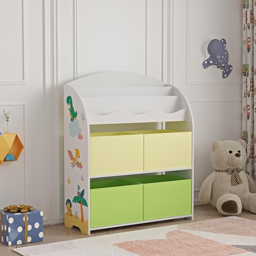 [en.casa] Kinder Bücherregal Orust Kinderregal mit Dinosaurier Motiv Spielzeug Aufbewahrung 97,5 x 82,5 x 29,5 cm Kinderzimmer Regal mit 4 Aufbewahrungsboxen Weiß/Grün/Gelb