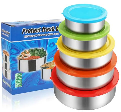 5 Set Contenitori Frigo per Alimenti,Contenitori Alimenti Cucina per Microonde con Coperchio,Senza BPA,100% A Prova di Perdite Ciotole Acciaio Inox Cucina in 5 Dimensioni,Lavabile in Lavastoviglie