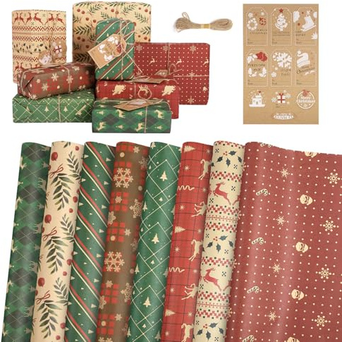 LEMESO 8 Hojas de Papel Kraft de Regalo Navidad 70x50cm Papel para Envolver con Etiquetas y Cuerdas Set de Papel para Regalo