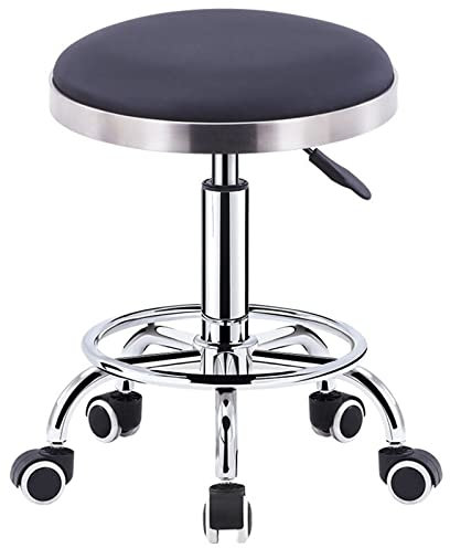 QZQJUILU Drehhocker mit Rollen, Barstuhl, PU-Leder, Drehsitz, Hocker für medizinische Make-up-Salons mit Fußstütze und Rollen, höhenverstellbar 46–59 cm, Schwarz