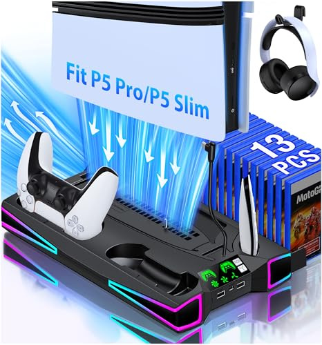 Cool RGB LED PS5 Stand and PS5 Cooling Station with Dual Controller Charging, 3 Adjustable Speeds PS5 Fan Cooler for PS5/Slim/Pro,Playstation 5 PS5 Accessories with Headset Holder and Storage Slots
