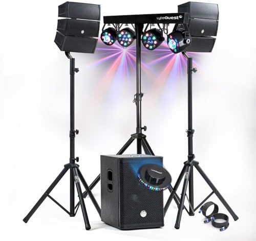 BM Bmsonic DJ-Sound-Set, 1000 W, komplett mit Lautsprecher + SUB 31 cm, USB/Bluetooth, Kabel, LED-Beleuchtung, UFO, Bar, Partysaal