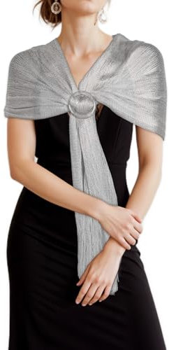 Jeffdad Glitzer Stola Damen, Festliche Stola für Abendkleid Sheer Chiffon Tücher mit Schnalle, Glitzer Festlich Hochzeit Stole Tuch für Hochzeit Braut Schultertuch(Silber)