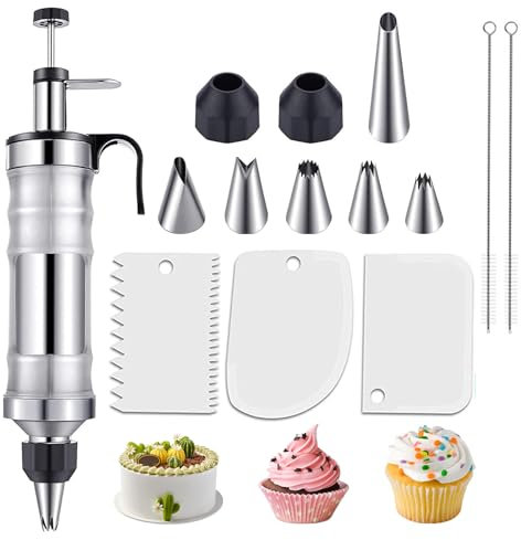 IBOCDWAMA Stainless Steel Professional Cake Syringe Decorating Syringe Reusable Cream Syringe Dessert Decorating Syringe Set with 6 Nozzles, 3 Cake Scrapers and 2 Brushes for Cupcakes, Pastries