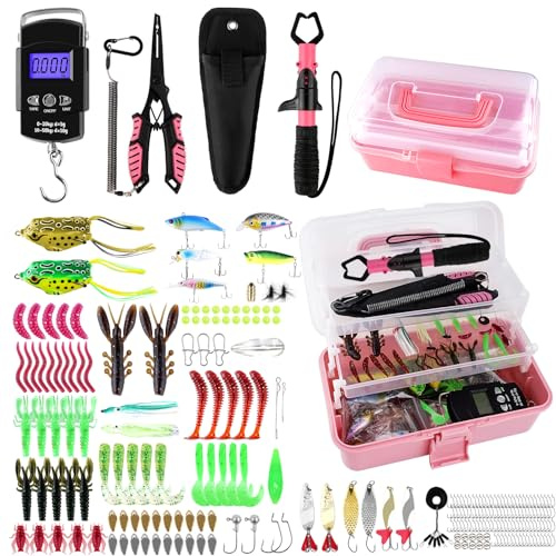 3-lagige rosa Angelausrüstungsbox mit Angelzubehör im Lieferumfang enthalten, Angelausrüstungs-Set enthält Zange, Fischlippengreifer, Skala, Crankbait Spinnerbaits weiche Köder, Haken, ideales