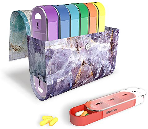 Czzmy Pastillero Semanal 4 Tomas 7 Días, 28 Compartimentos Organizador Medicamentos con Estuche de Cuero PU,Vitamina Caja de Almacenamiento para Viaje, Emerald Illusions(1-Cristal)