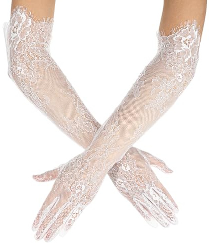 Xelsluthe Long Lace Gloves, Elbow Length Mesh Tulle Sheer Wedding Opera Party Costume Gloves for Wedding Engagement Cocktail Cosplay Masquerade White