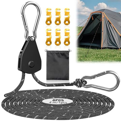 Verstellbarer Seil Ratsche Seilratsche Abspannseile mit Seilspanner Winddichtes Outdoor Seil Flaschenzug mit Seilbremse Reflektierende Zeltschnur für Sonnensegel Campingzelte Markisen (Schwarz-6PCS)