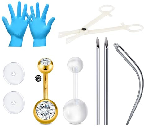 LAURITAMI Kit piercing ombelico, set da 9 pezzi con piercing all'ombelico in titanio 14G, ago in acciaio inossidabile, pinza set di strumenti,Oro