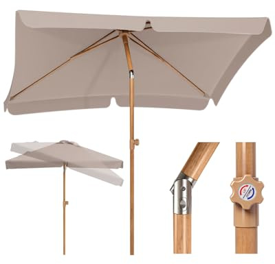 Sekey Sonnenschirm Balkon 200x125 cm Holzoptik, Sonnenschirm Rechteckig mit höhenverstellbar, 180g/m² Polyester UV50+, Aluminium-Drehgelenk, Sonnenschirme für Balkon Garten Terrasse