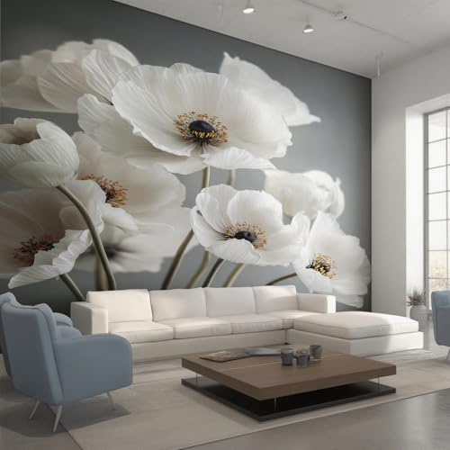 Generisch Vlies Fototapete Weiß Blumen 150x105 cm, Tapete Grau Weiß Tapeten Vliestapete Wohnzimmer Modern Blumenmuster Schlafzimmer Wandtapete Ornamente Mustertapete W&47