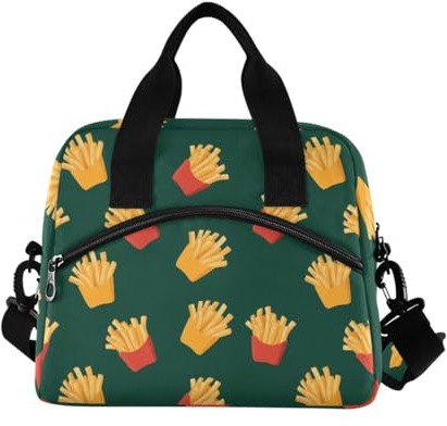 ALAZA French Fries Green Cartoon Insulated Lunch Bag Reusable Lunch Tote Bag Lunch Box with Shoulder Strap for Women Men