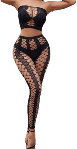 Ncheli Collant Rete Donna, Set 2 Pezzi Bandeau Top & Collant Rete, Poliestere Motivo a Rete, Taglia Grande Fino a 90kg, Nero per Streetstyle & Festa