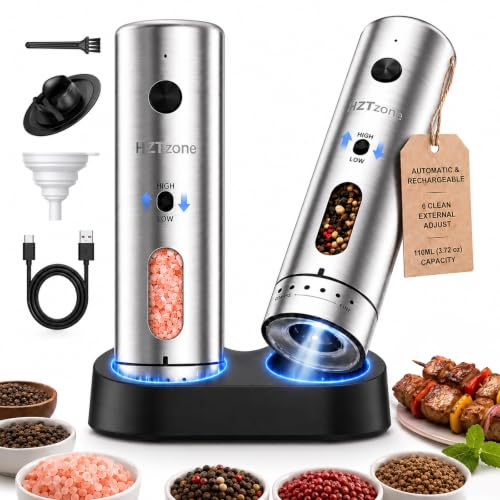 Elektrisches Salz Pfeffermühle Set USB-C, 6 Mahlgrade für Hobbyköche Küche | 6 Mahlgrade (fein bis grob), Ladestation mit USB-aufladbar,110ml Edelstahl- Keramikmahlwerk, BBQ & Geschenkset, LED-Licht