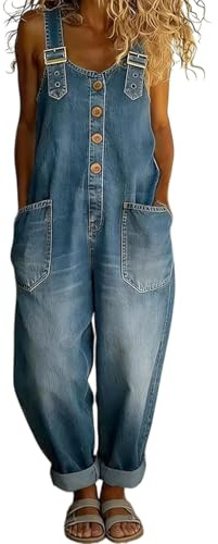 SHINROAD Women's Trendy Vintage Denim Bib Overalls, Loose Casual Wide Leg Jumpsuit with Adjustable Buckle, Button Front Rompers with Pockets Tapered Leg Jean Pants