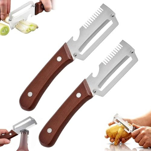 growindays pela patate,Coltello Pelapatate Multifunzione,3-in-1 Multifunctional Stainless Steel Peeler,zero Snag Wooden Peeler,pelapatate Di Alta Qualità Con Manico In Legno E Apribottiglie(2pcs)