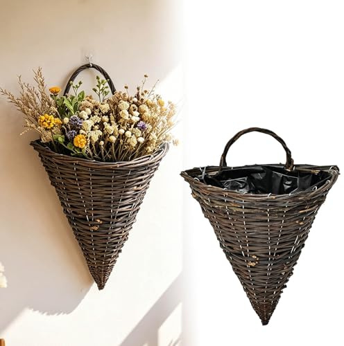 Generisch Fioriera sospesa da parete in rattan, conica, 32 x 25 cm, colore naturale con pellicola, set da 2 pezzi, cestini per piante intrecciati da appendere, semicircolari, per interni ed esterni