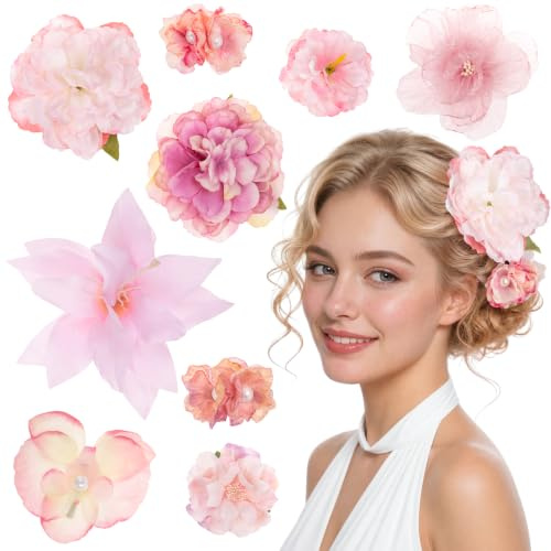 Kiiwah 9 Piezas Fiori per Capelli Donna, Artificiali Pinza de Seda Capelli Fiore Boho Rosa Mollette Fiori per Capelli Molletta Fiore Hawaii per Vacanze Al Mare, Matrimoni e Feste