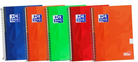Oxford, Cuadernos A5, cuadrícula 4 x 4, tapa dura, 80 hojas, pack de 5 libretas, colores surtidos