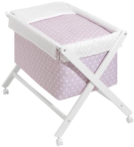 mibebestore Minicuna de Tijera Plegable de Madera con Ruedas y Frenos – Incluye Colchón, Colcha, Almohada y Textil 100% Algodón – hasta 9 Meses – Blanco/Rosa