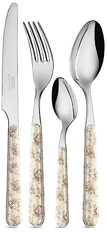 NÉVA | BISTROT Roses Rétro Collection, Set de 24 Couverts, Couverts en Acier Inoxydable, Passe au Lave-Vaisselle, Décoration Indélébile, Gris Tourterelle
