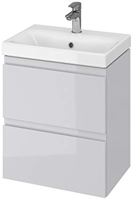 VBChome Badmöbel 50 x 35 cm Set GRAU Hochglanz Slim Waschbecken mit Unterschrank Waschtisch 2-Schubladen Badschrank Holz Waschbeckenunterschrank Badezimmerschrank Badschrank