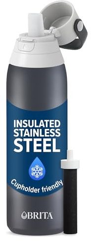 Brita Stainless Steel Premium Filtering Water Bottle, BPA-Free, Reusable, Insulated, Replaces 300 Plastic Water Bottles, Filter Lasts 2 Months or 40 Gallons, Includes 1 Filter, Carbon - 20 oz