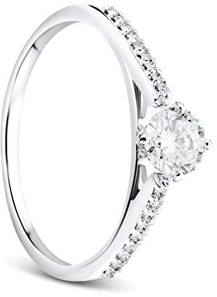OROVI Damen Ring Weißgold 0.43 Ct Zentraler Solitär Diamant Verlobungsring 9 Karat (375) Gold und übrige Diamanten Brillanten 0.07 Ct
