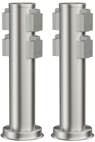ledscom.de 2X Garten Steckdosensäule PORU für außen, IP44, 4-Fach, Edelstahl, Edelstahl, rund, 39 cm