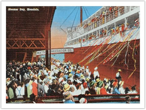 Honolulu - Hawaii Steamer Day - Vintage Hawaiian Color Postcard c.1930s - Bamboo Fine Art 290gsm Paper (Unframed) 12x16in